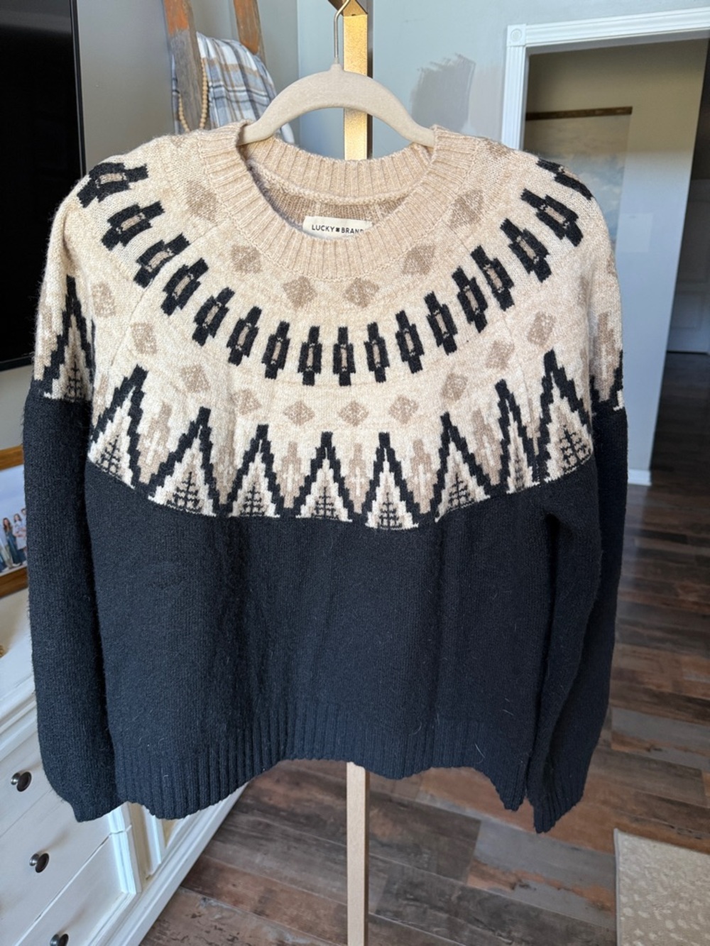 Lucky Brand Black and Cream Fair Isle Yoke Sweater